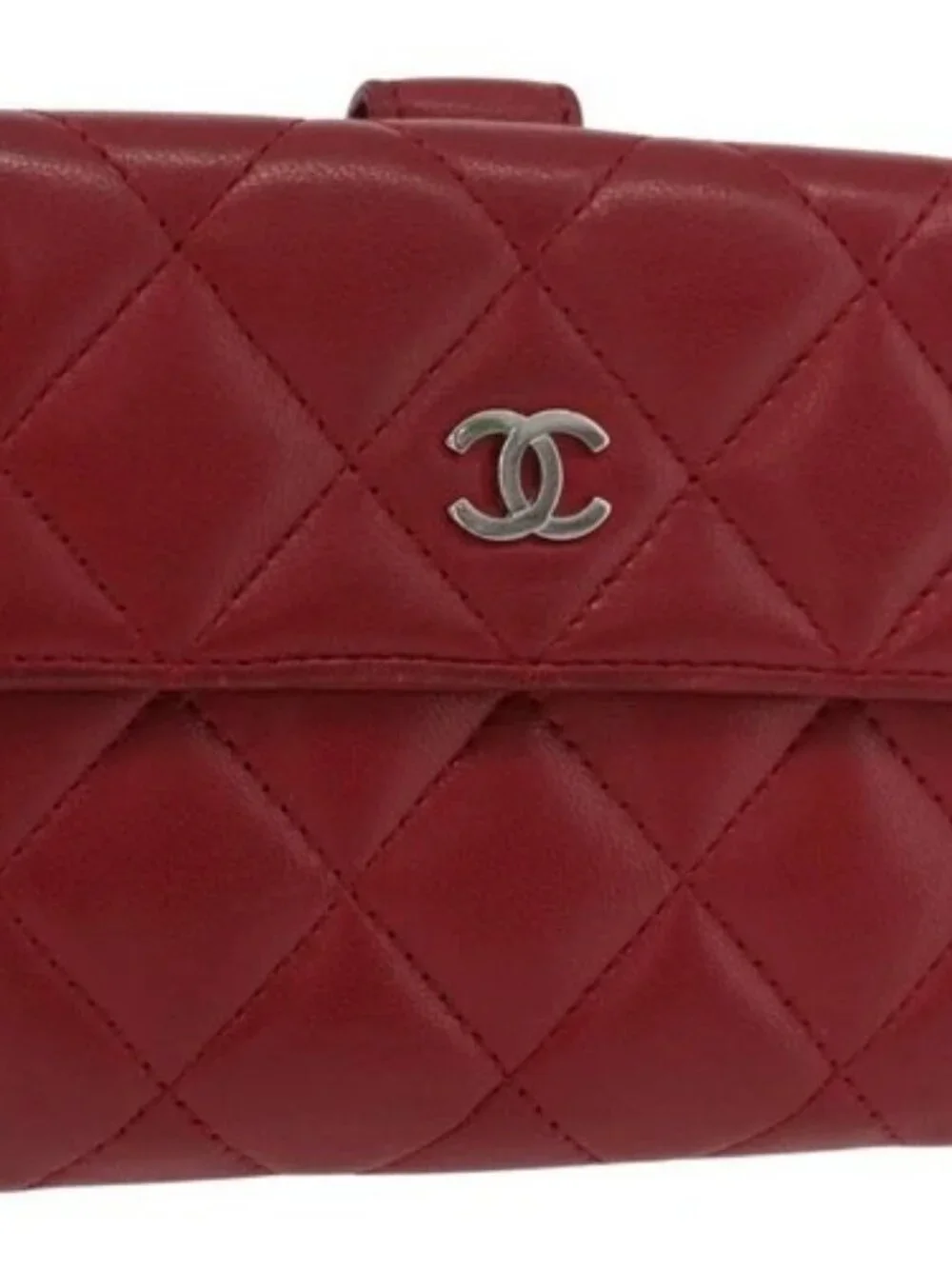 CHANEL Matelasse Compact Wallet Lamb Skin Red Silver CC Auth 179886A